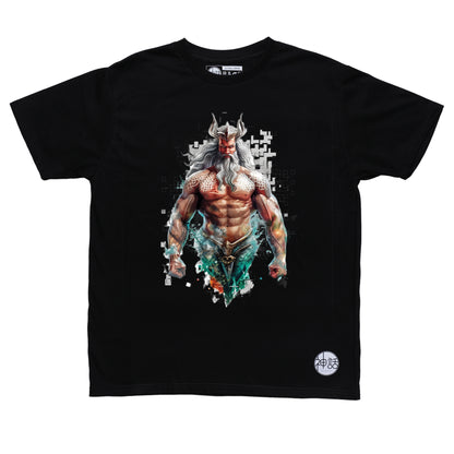 Regal Poseidon standing tall with crown, commanding the sea on black t-shirt by Shinwa, streetwear brand from the Philippines