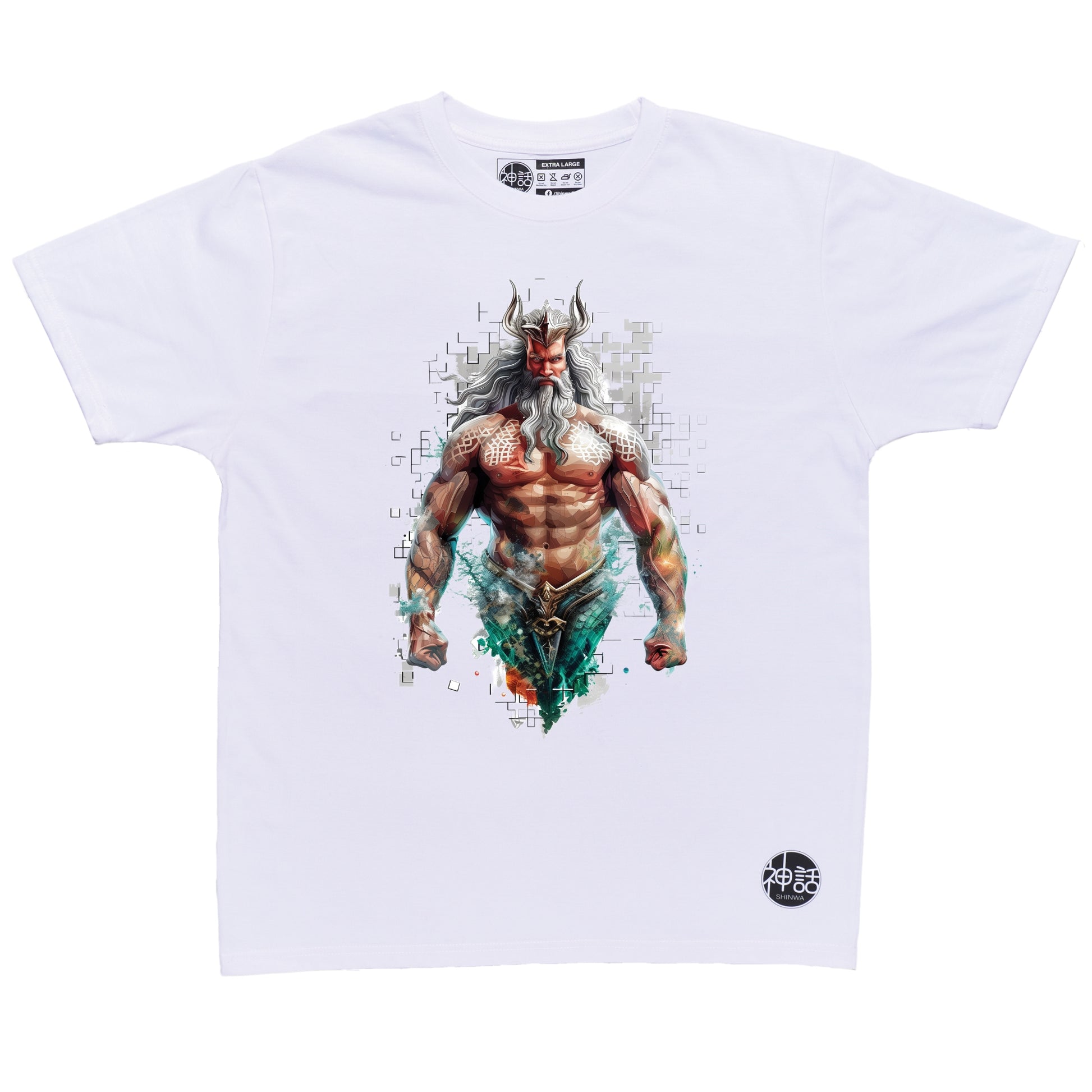 Regal Poseidon standing tall with crown, commanding the sea on white t-shirt by Shinwa, streetwear brand from the Philippines