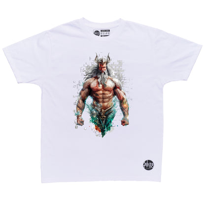 Regal Poseidon standing tall with crown, commanding the sea on white t-shirt by Shinwa, streetwear brand from the Philippines