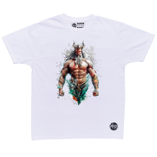 Regal Poseidon standing tall with crown, commanding the sea on white t-shirt by Shinwa, streetwear brand from the Philippines