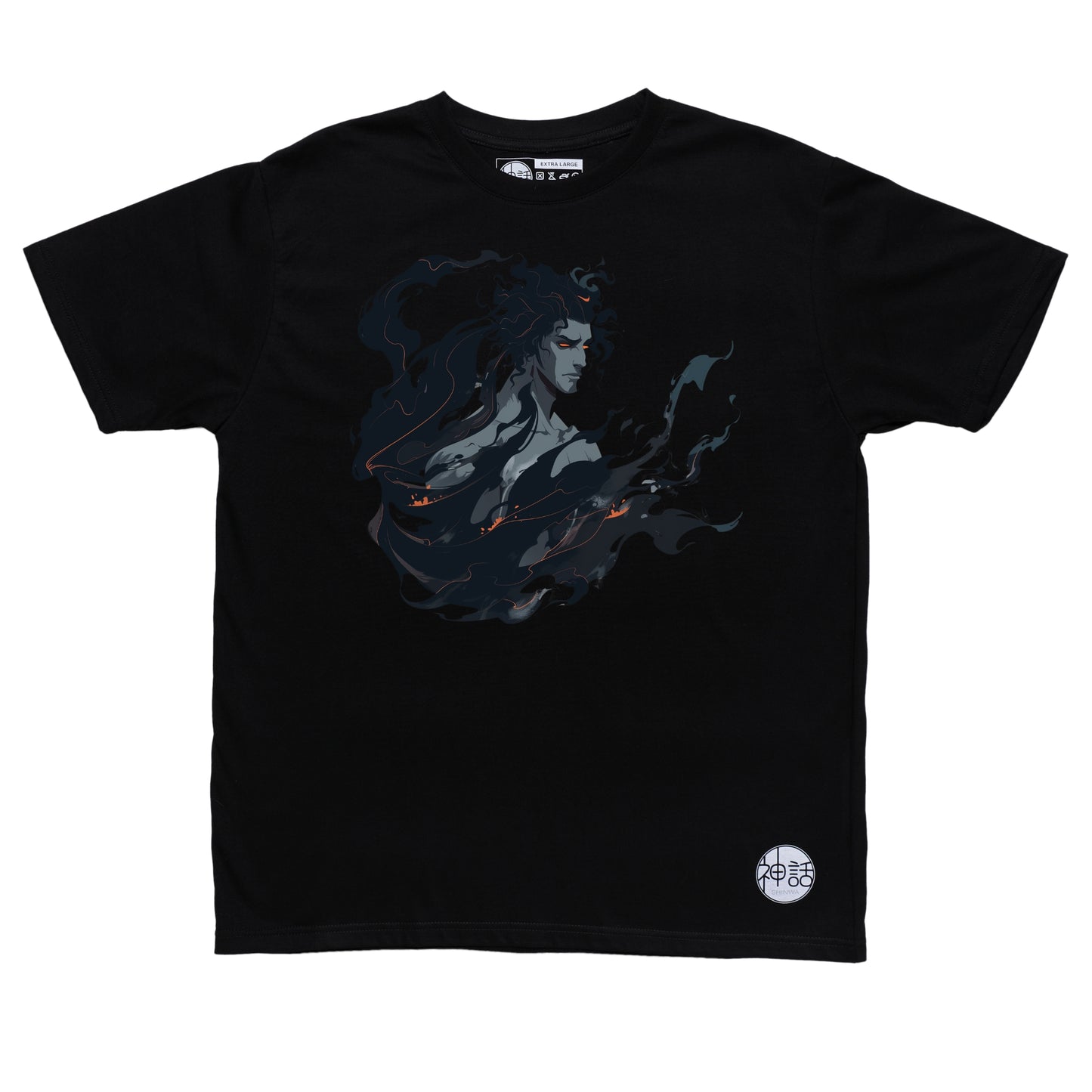 realistic bustshot of hades surrounded by black flames in black t-shirt by Shinwa, streetwear brand from the Philippines