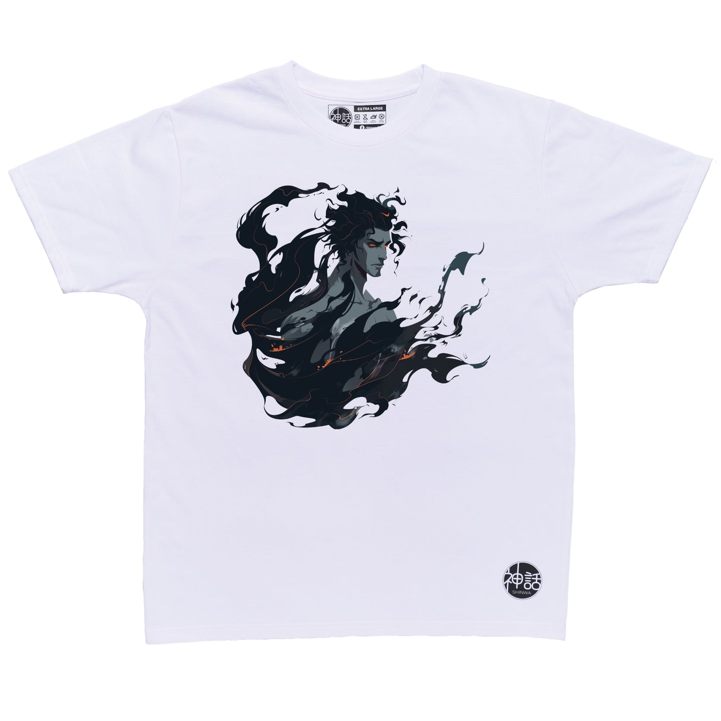 realistic bustshot of hades surrounded by black flames in white t-shirt by Shinwa, streetwear brand from the Philippines