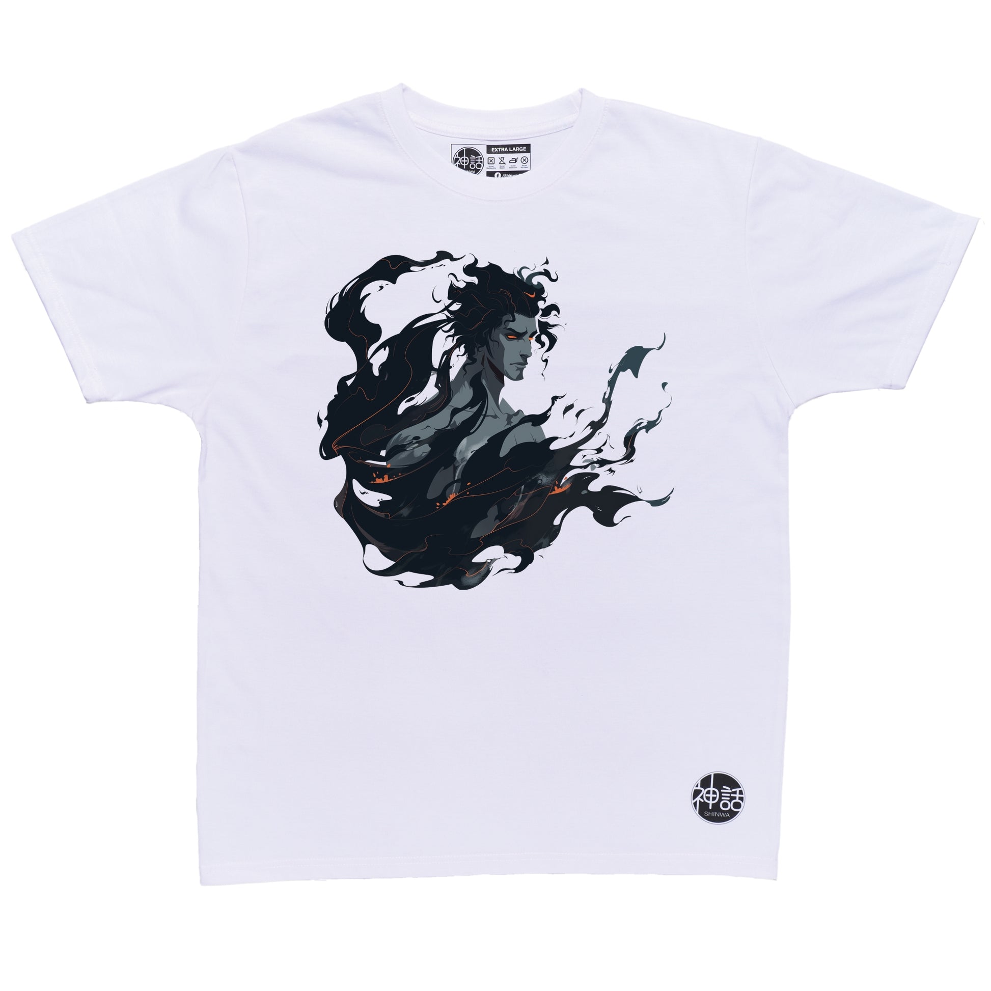 realistic bustshot of hades surrounded by black flames in white t-shirt by Shinwa, streetwear brand from the Philippines