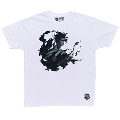 realistic bustshot of hades surrounded by black flames in white t-shirt by Shinwa, streetwear brand from the Philippines