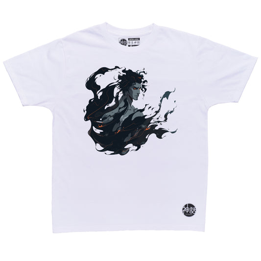 realistic bustshot of hades surrounded by black flames in white t-shirt by Shinwa, streetwear brand from the Philippines