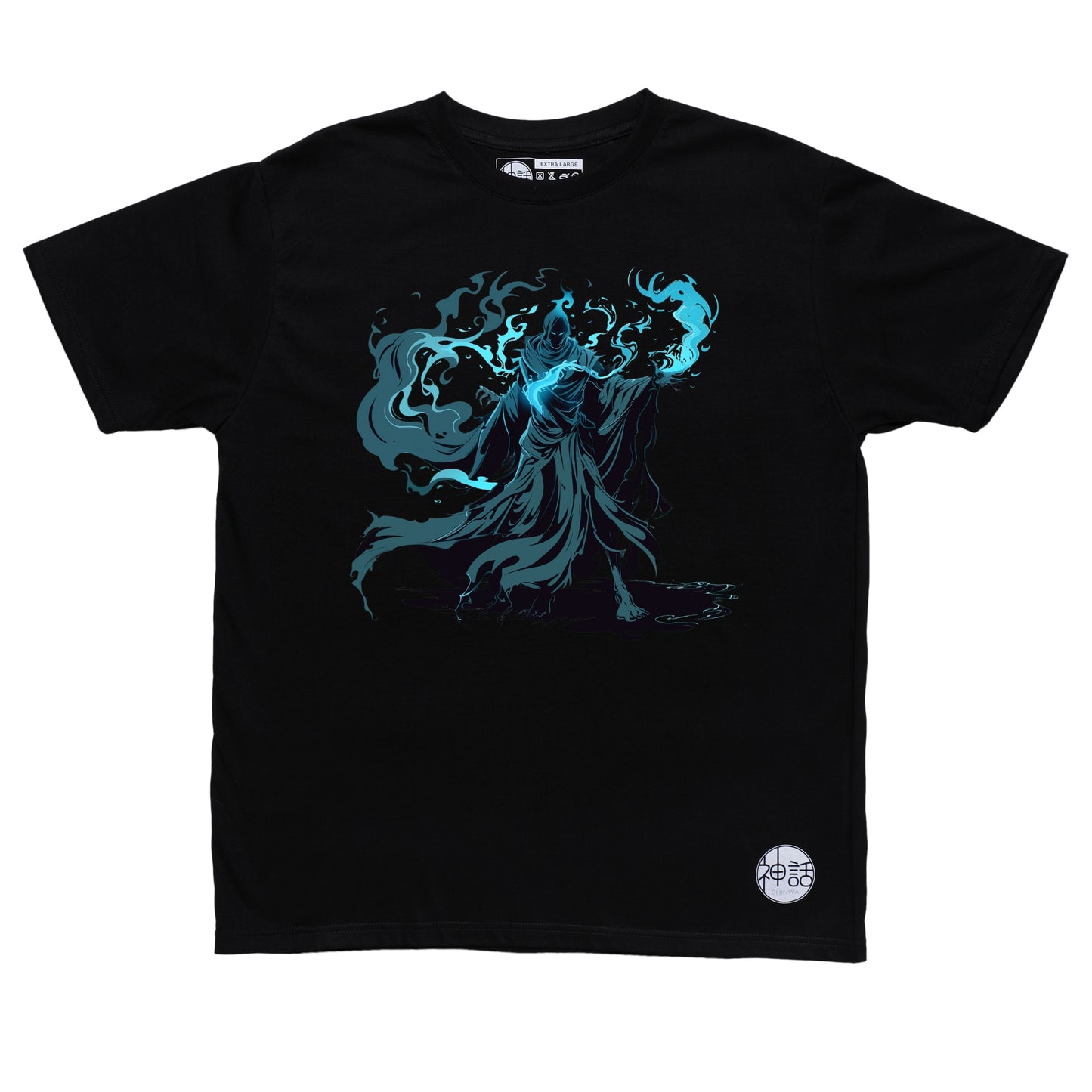 wizard-style hades with blue magic in black t-shirt by Shinwa, streetwear brand from the Philippines