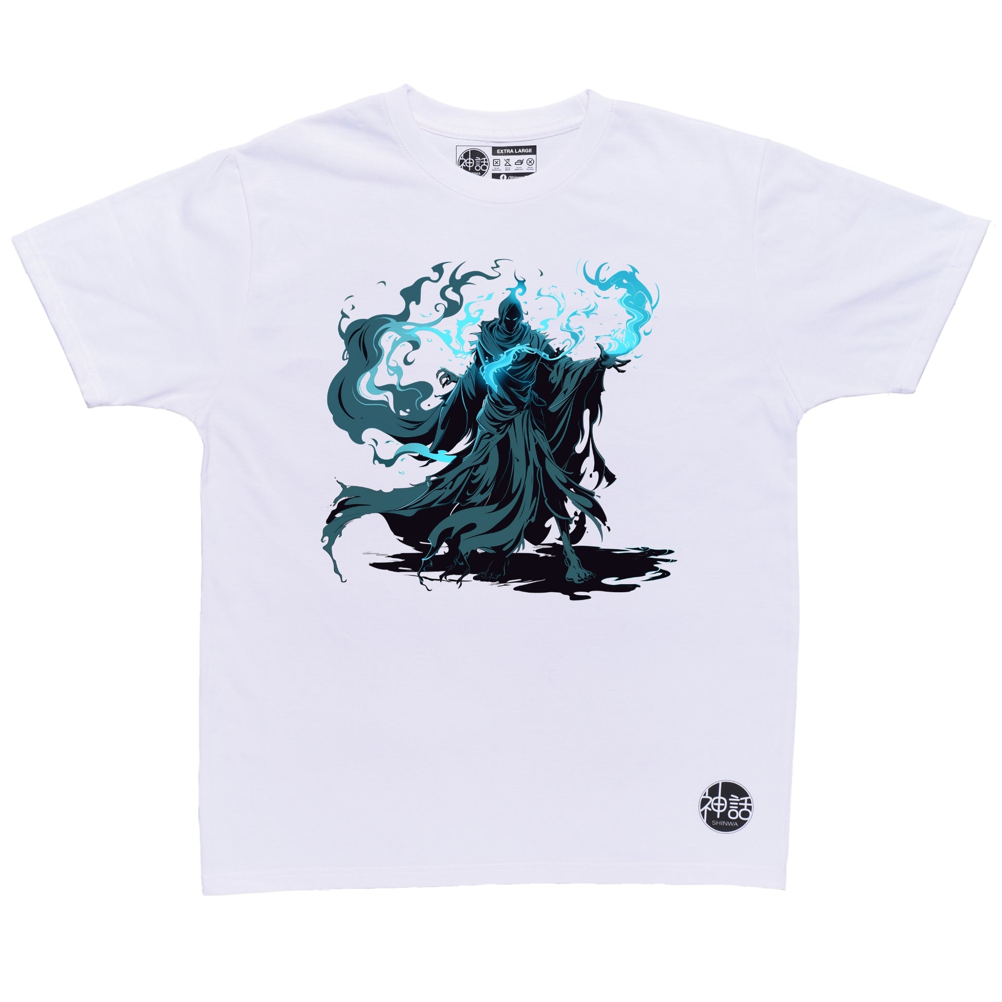 wizard-style hades with blue magic in white t-shirt by Shinwa, streetwear brand from the Philippines