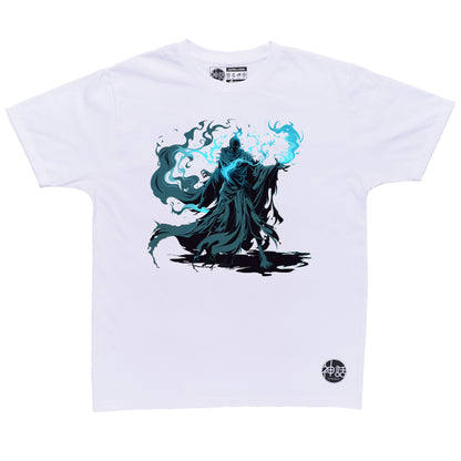 wizard-style hades with blue magic in white t-shirt by Shinwa, streetwear brand from the Philippines