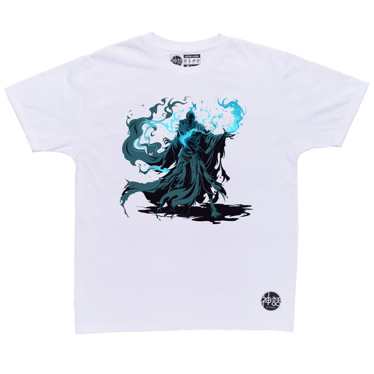 wizard-style hades with blue magic in white t-shirt by Shinwa, streetwear brand from the Philippines