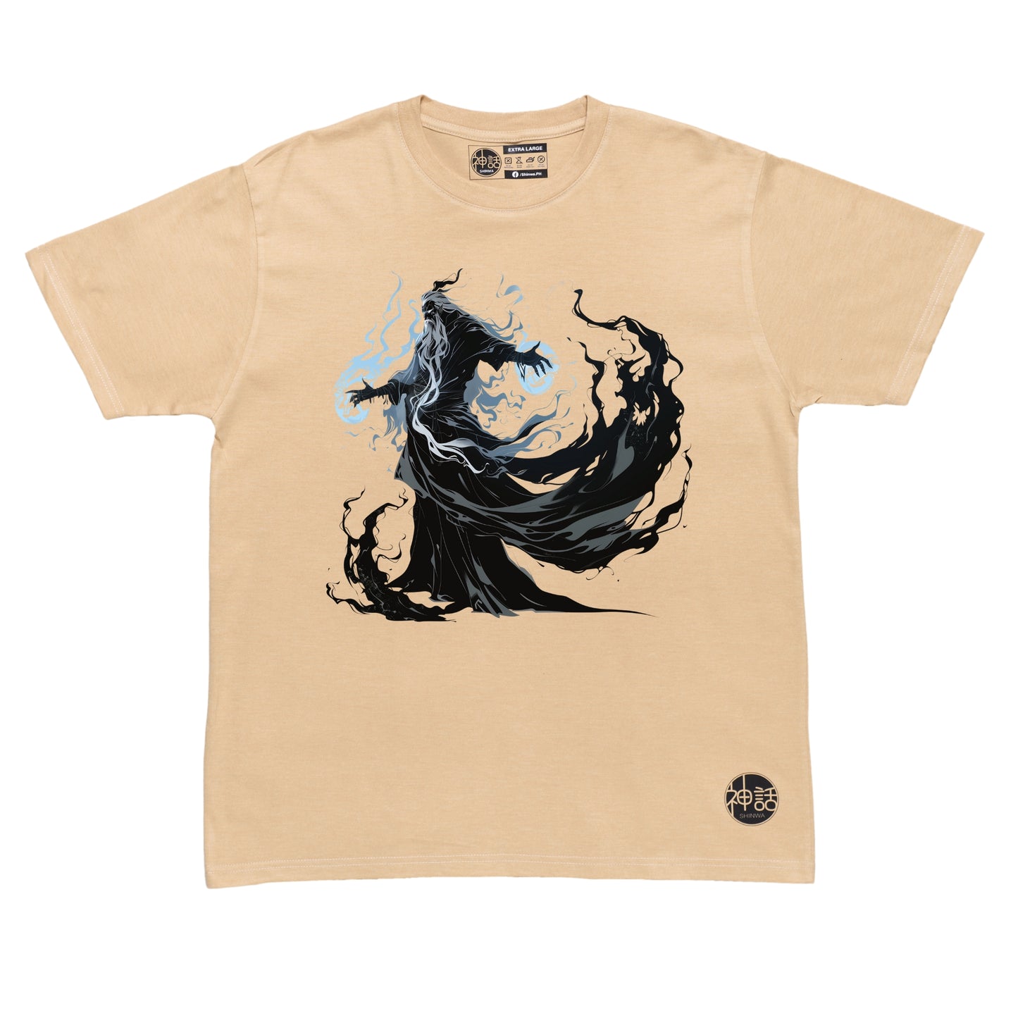 old hades with white beard summoning blue magic in beige t-shirt by Shinwa, streetwear brand from the Philippines