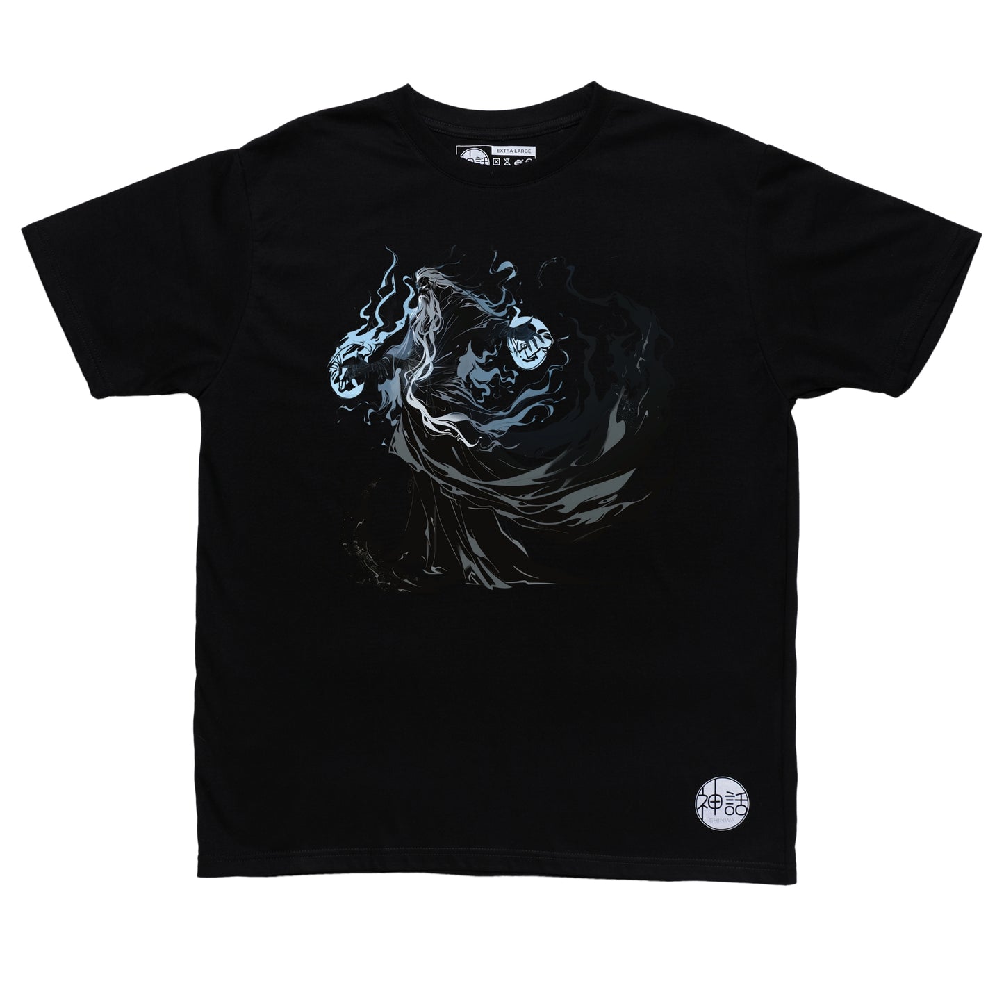 old hades with white beard summoning blue magic in black t-shirt by Shinwa, streetwear brand from the Philippines