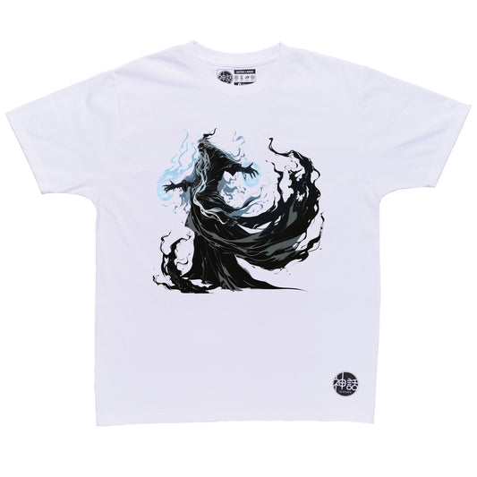 old hades with white beard summoning blue magic in white t-shirt by Shinwa, streetwear brand from the Philippines