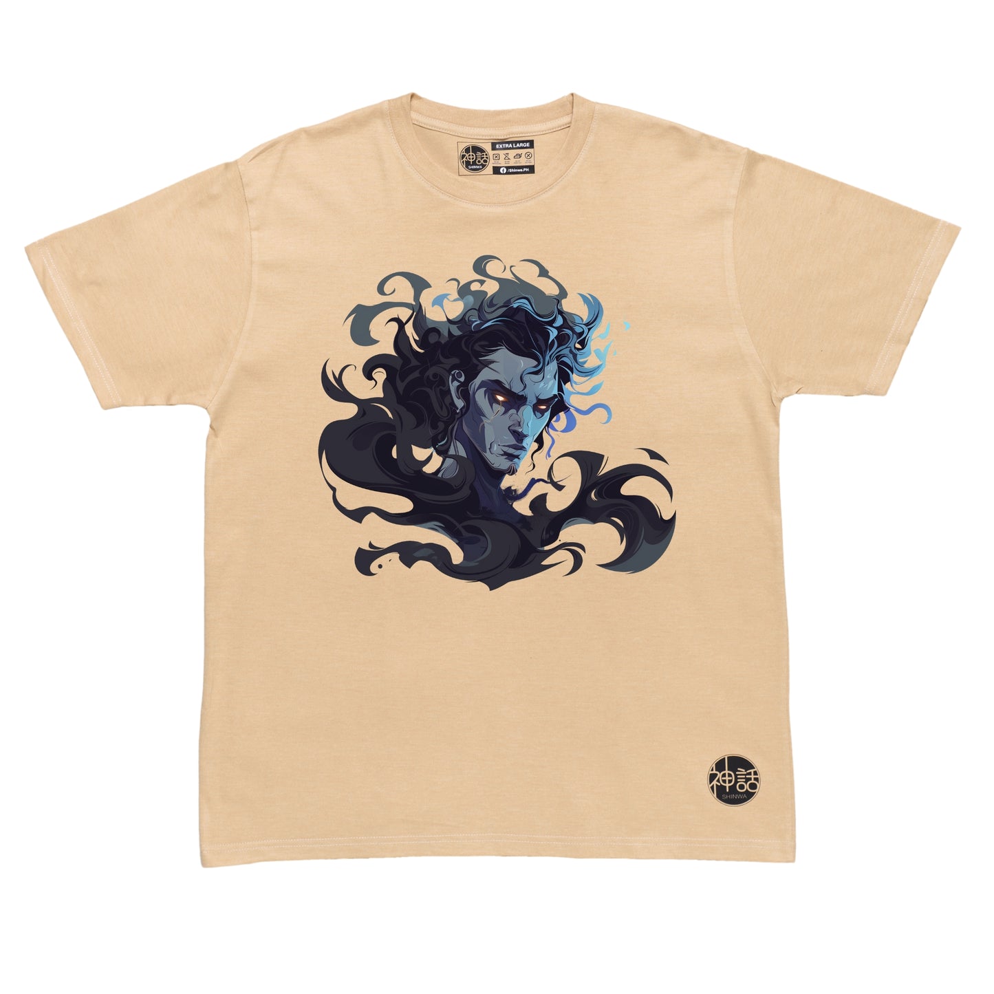 anime-style hades head emerging from shadows in beige t-shirt by Shinwa, streetwear brand from the Philippines