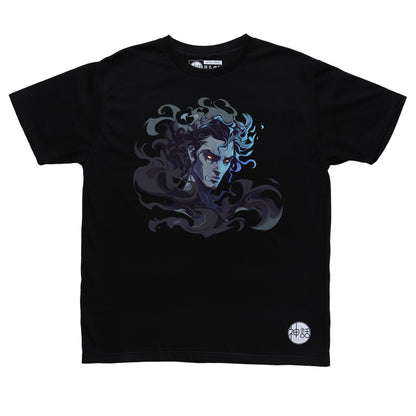 anime-style hades head emerging from shadows in black t-shirt by Shinwa, streetwear brand from the Philippines