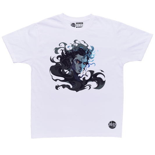 anime-style hades head emerging from shadows in white t-shirt by Shinwa, streetwear brand from the Philippines