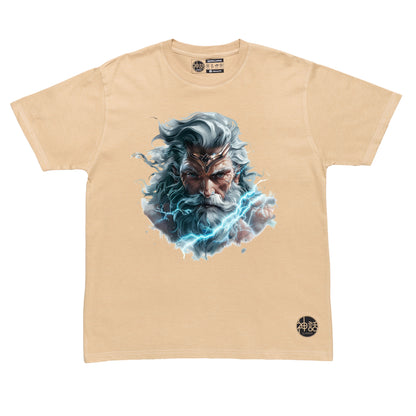 Zeus Storm Bringer unleashing fierce lightning on beige t-shirt by Shinwa, streetwear brand from the Philippines