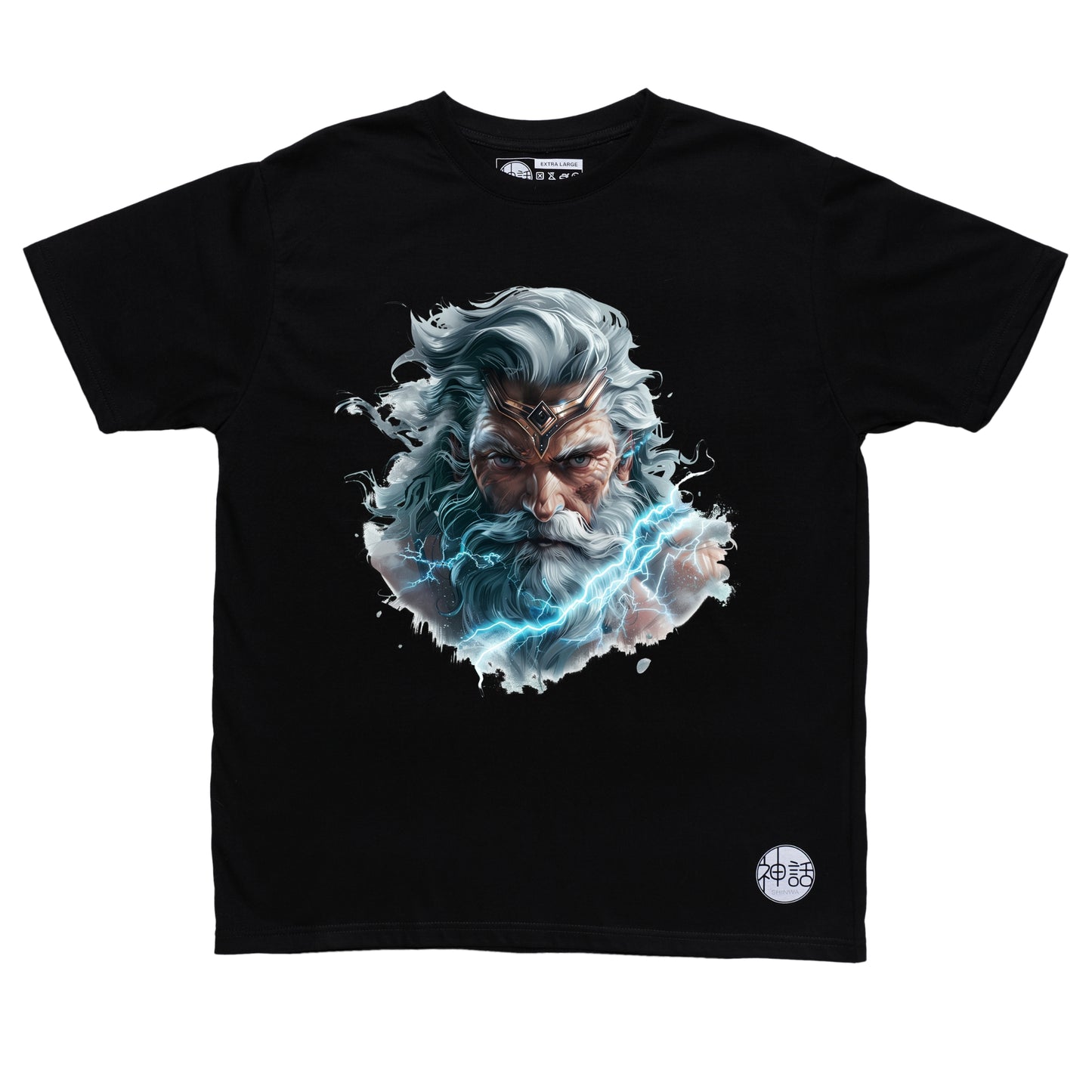 Zeus Storm Bringer unleashing fierce lightning on black t-shirt by Shinwa, streetwear brand from the Philippines