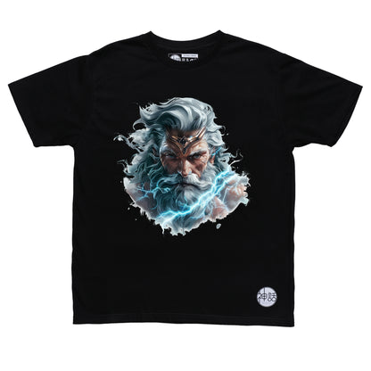 Zeus Storm Bringer unleashing fierce lightning on black t-shirt by Shinwa, streetwear brand from the Philippines