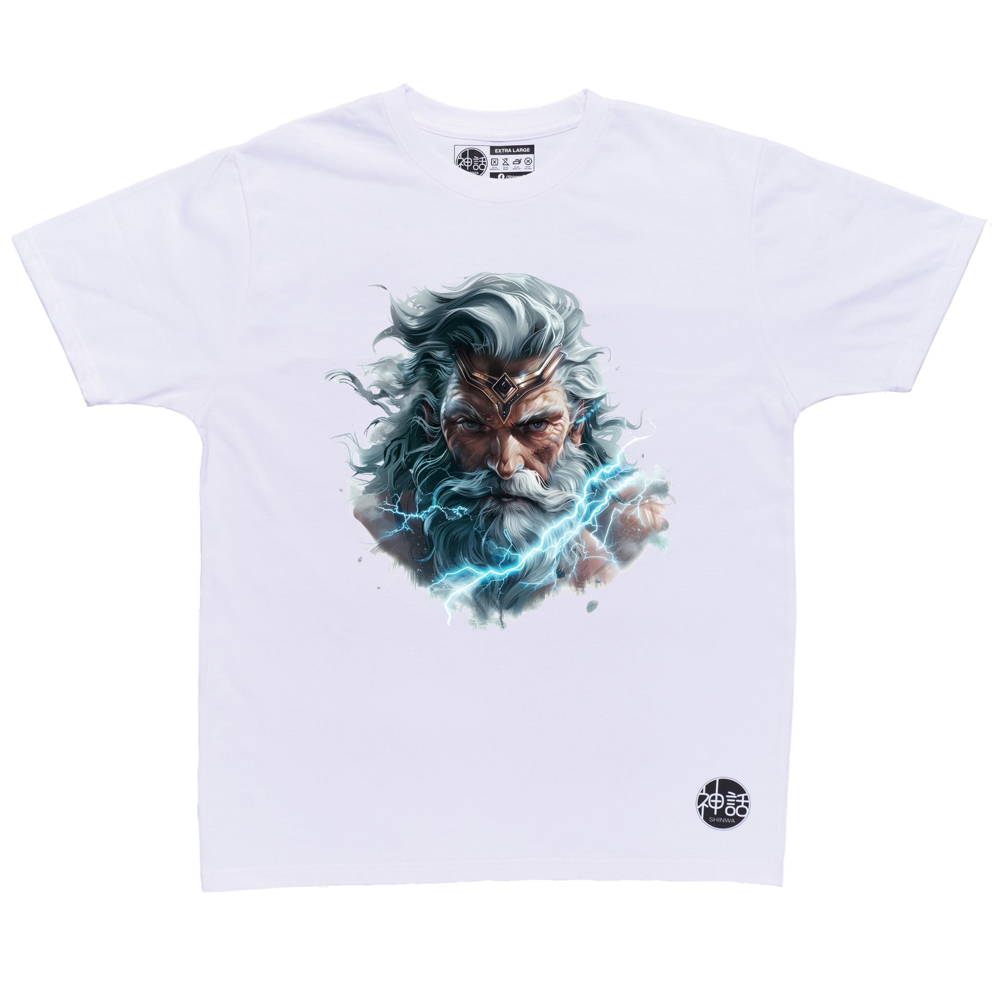Zeus Storm Bringer unleashing fierce lightning on white t-shirt by Shinwa, streetwear brand from the Philippines