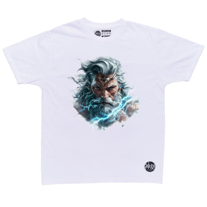 Zeus Storm Bringer unleashing fierce lightning on white t-shirt by Shinwa, streetwear brand from the Philippines