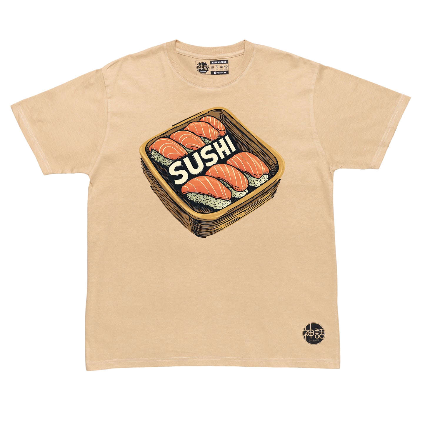 colorful illustrated sushi platter with maki and nigiri on beige t-shirt by Shinwa, streetwear brand from the Philippines