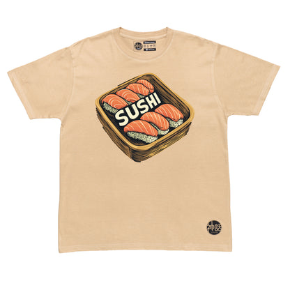 colorful illustrated sushi platter with maki and nigiri on beige t-shirt by Shinwa, streetwear brand from the Philippines