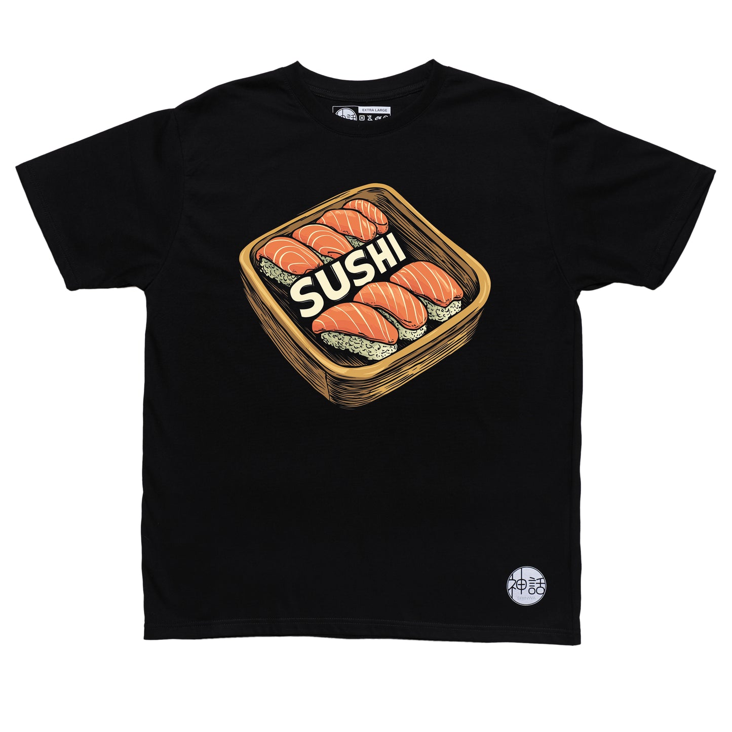 colorful illustrated sushi platter with maki and nigiri on black t-shirt by Shinwa, streetwear brand from the Philippines