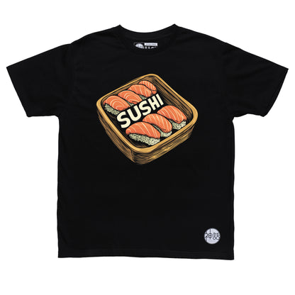 colorful illustrated sushi platter with maki and nigiri on black t-shirt by Shinwa, streetwear brand from the Philippines