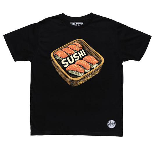 colorful illustrated sushi platter with maki and nigiri on black t-shirt by Shinwa, streetwear brand from the Philippines