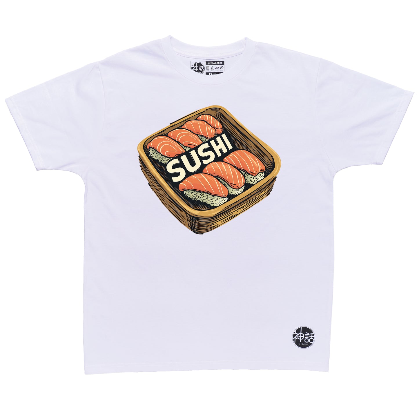 colorful illustrated sushi platter with maki and nigiri on white t-shirt by Shinwa, streetwear brand from the Philippines