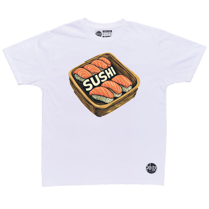 colorful illustrated sushi platter with maki and nigiri on white t-shirt by Shinwa, streetwear brand from the Philippines