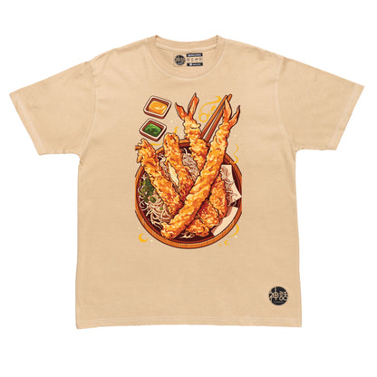 stylized Japanese tempura shrimp and vegetables illustration on beige t-shirt by Shinwa, streetwear brand from the Philippines