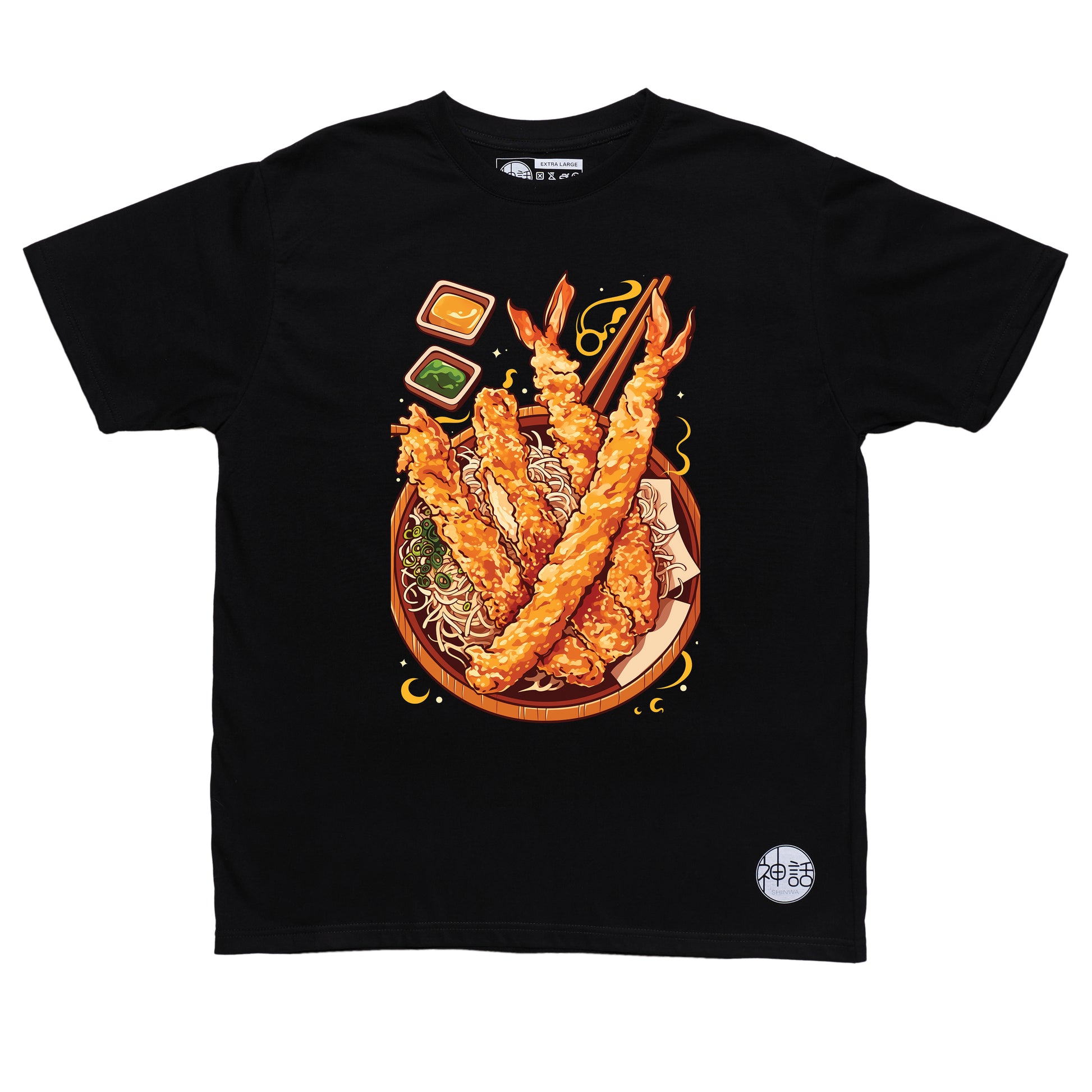 stylized Japanese tempura shrimp and vegetables illustration on black t-shirt by Shinwa, streetwear brand from the Philippines