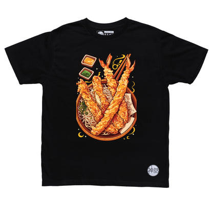 stylized Japanese tempura shrimp and vegetables illustration on black t-shirt by Shinwa, streetwear brand from the Philippines