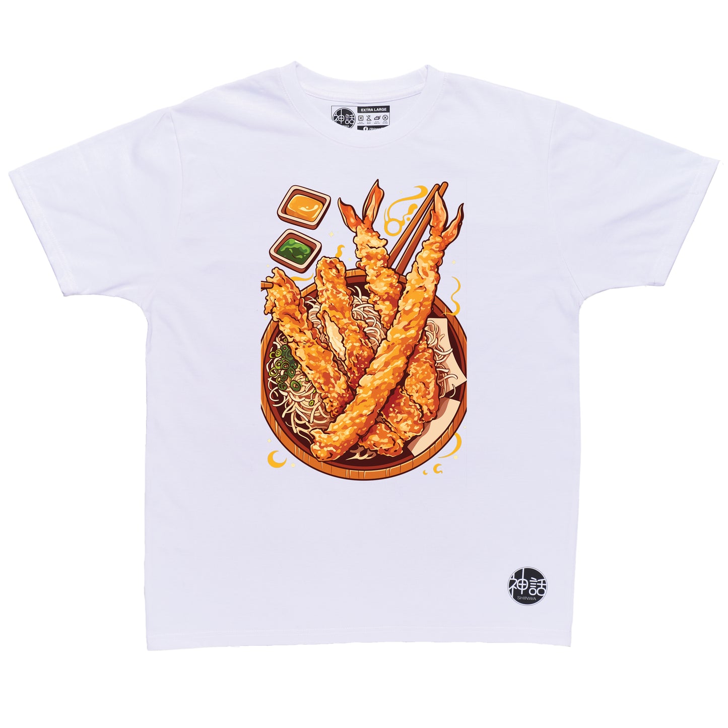 stylized Japanese tempura shrimp and vegetables illustration on white t-shirt by Shinwa, streetwear brand from the Philippines