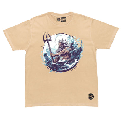 Epic illustration of Poseidon summoning tidal waves, trident raised, on beige t-shirt by Shinwa, streetwear brand from the Philippines
