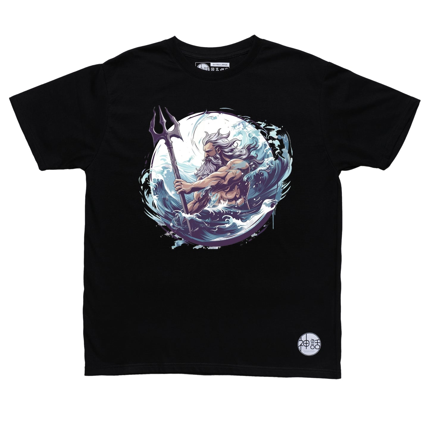 Epic illustration of Poseidon summoning tidal waves, trident raised, on black t-shirt by Shinwa, streetwear brand from the Philippines