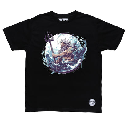 Epic illustration of Poseidon summoning tidal waves, trident raised, on black t-shirt by Shinwa, streetwear brand from the Philippines