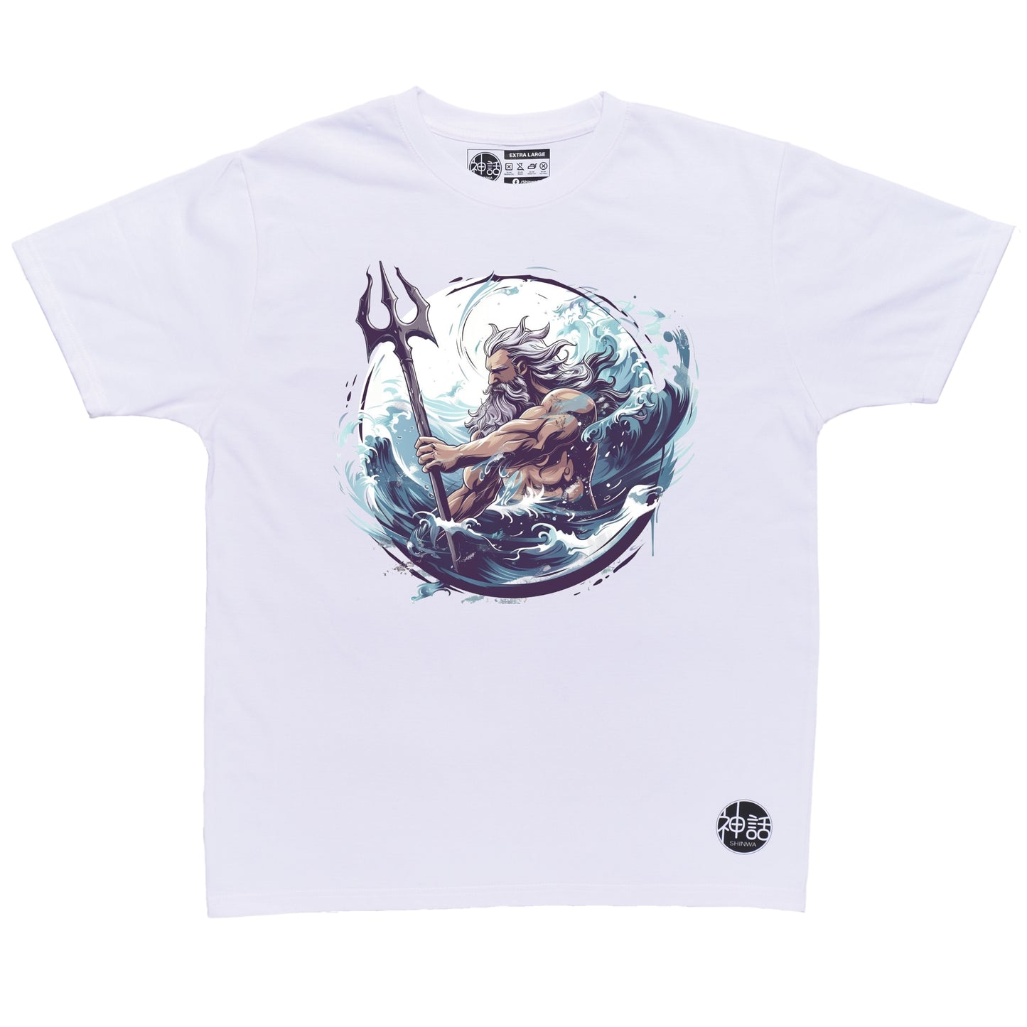 Epic illustration of Poseidon summoning tidal waves, trident raised, on white t-shirt by Shinwa, streetwear brand from the Philippines