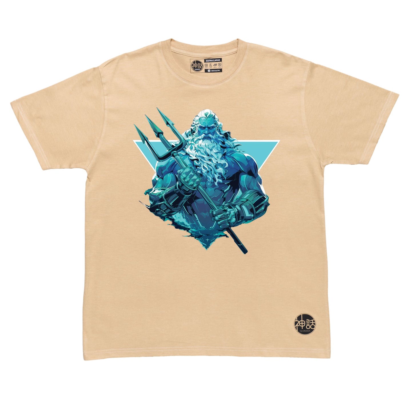 Trident-wielding Poseidon in dynamic stance with swirling ocean energy on beige t-shirt by Shinwa, streetwear brand from the Philippines