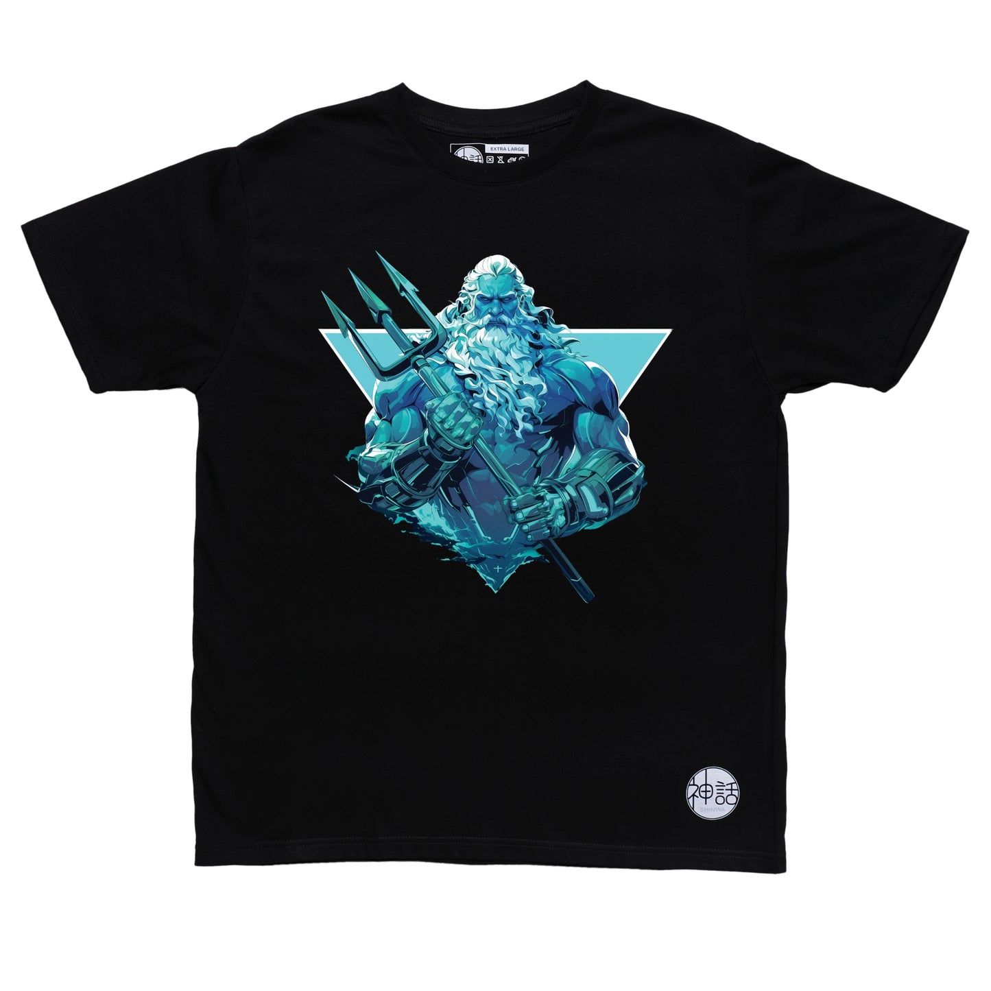 Trident-wielding Poseidon in dynamic stance with swirling ocean energy on black t-shirt by Shinwa, streetwear brand from the Philippines
