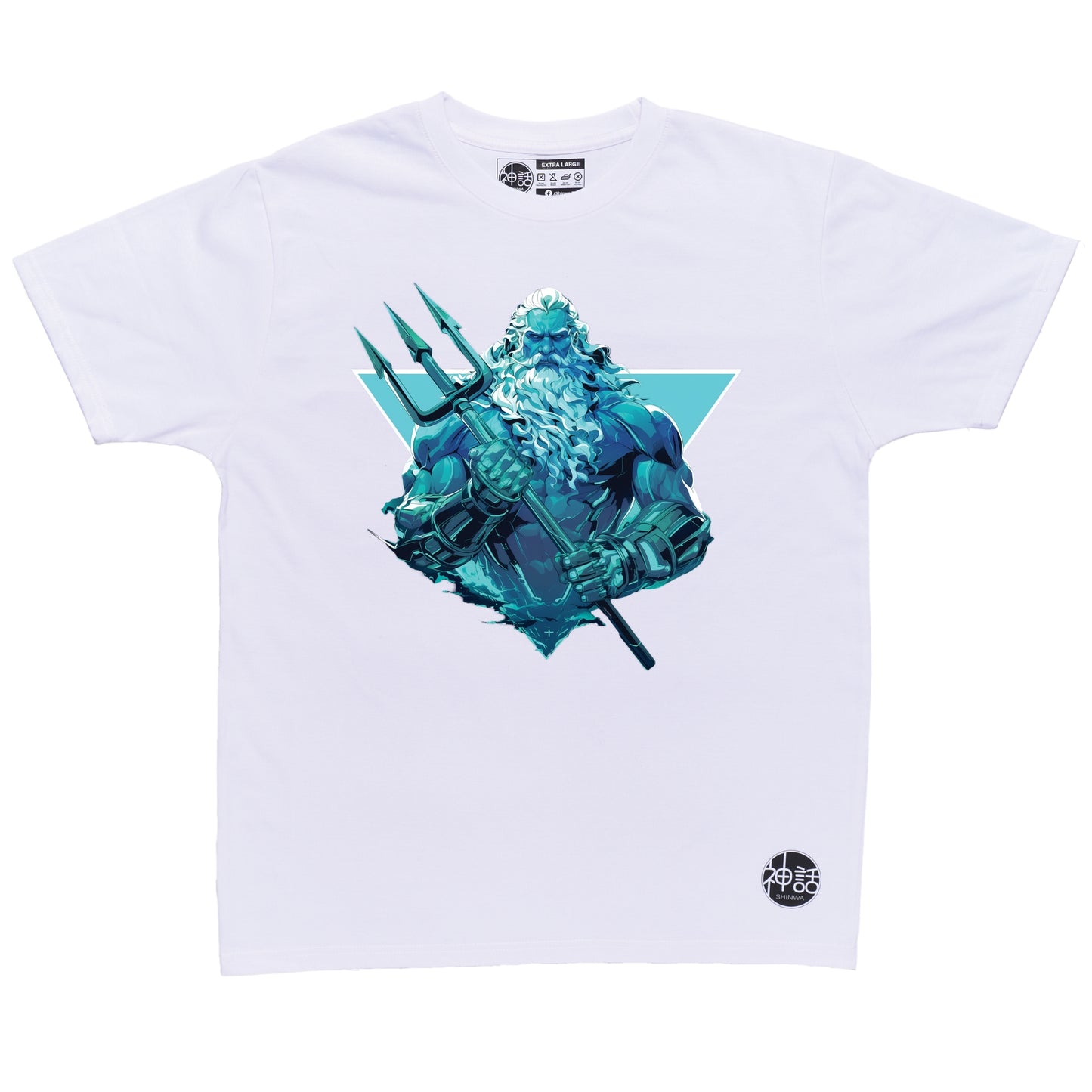 Trident-wielding Poseidon in dynamic stance with swirling ocean energy on white t-shirt by Shinwa, streetwear brand from the Philippines