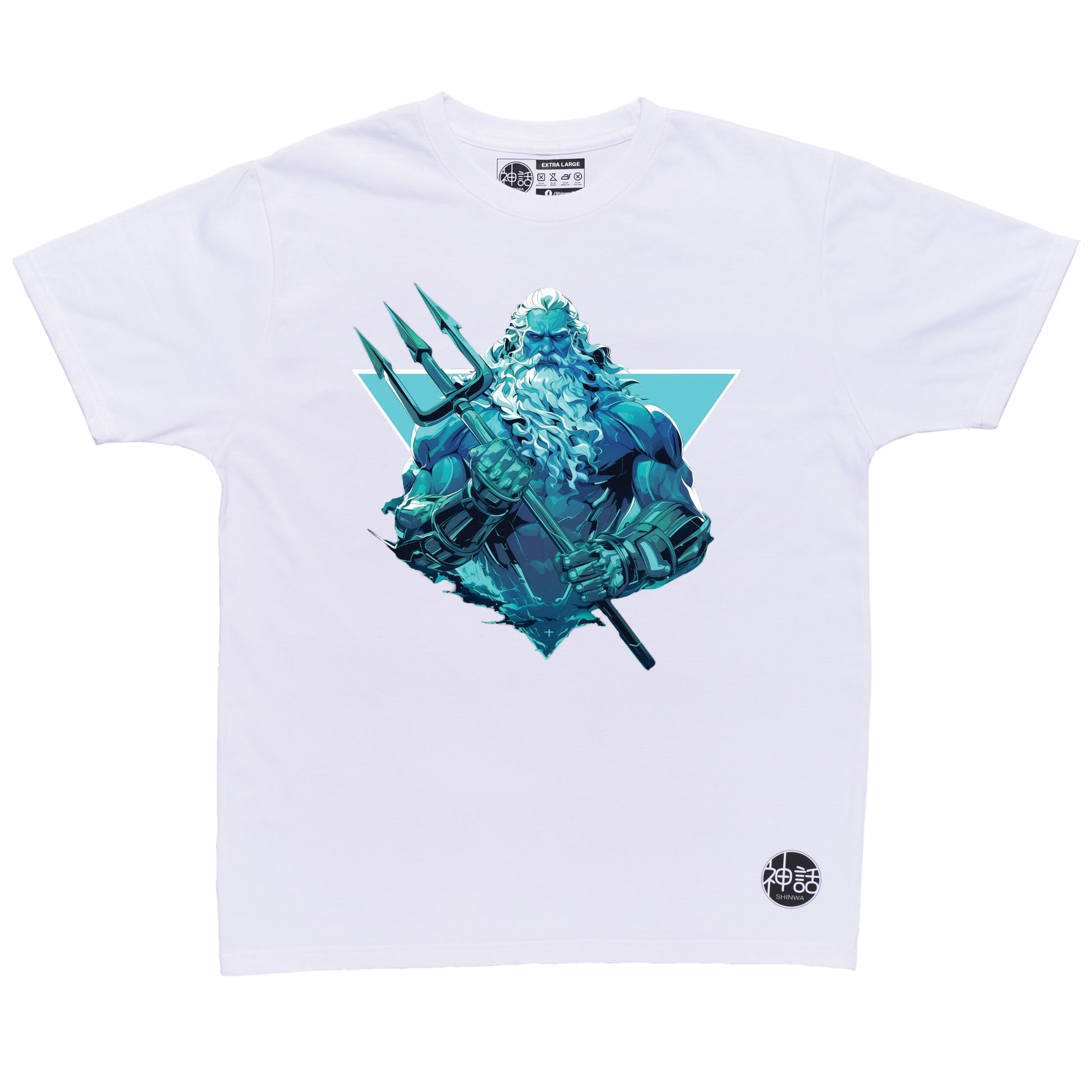Trident-wielding Poseidon in dynamic stance with swirling ocean energy on white t-shirt by Shinwa, streetwear brand from the Philippines