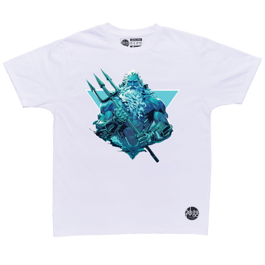 Trident-wielding Poseidon in dynamic stance with swirling ocean energy on white t-shirt by Shinwa, streetwear brand from the Philippines