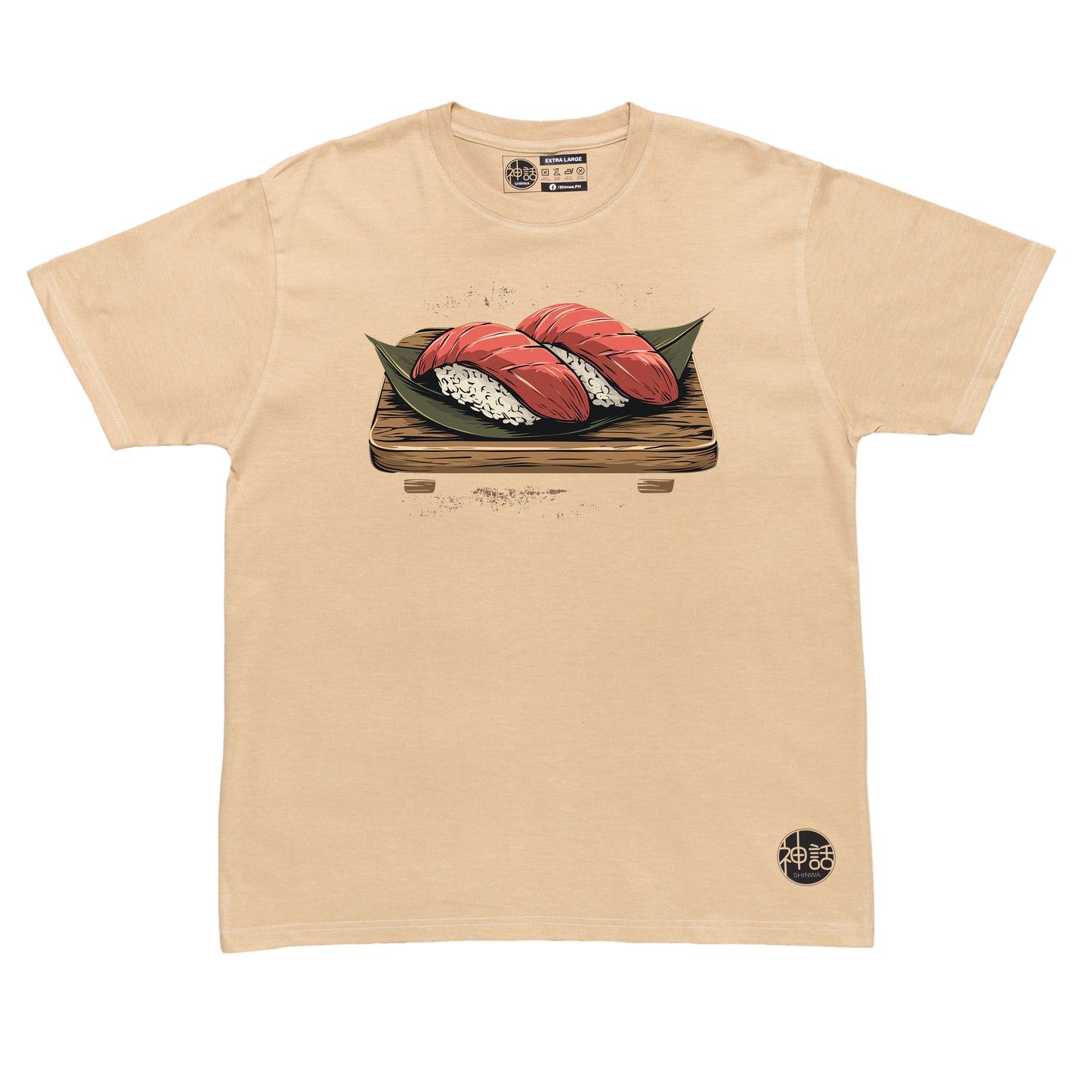 illustrated tuna nigiri sushi with wasabi and chopsticks on beige t-shirt by Shinwa, streetwear brand from the Philippines