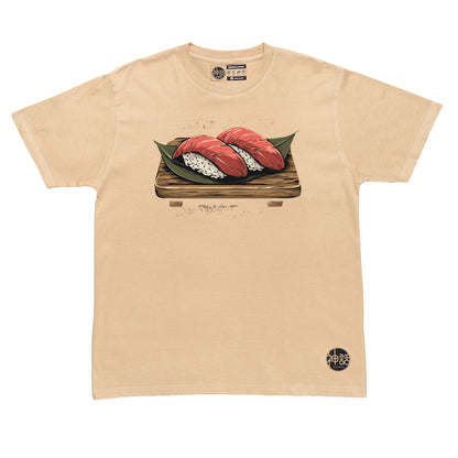 illustrated tuna nigiri sushi with wasabi and chopsticks on beige t-shirt by Shinwa, streetwear brand from the Philippines