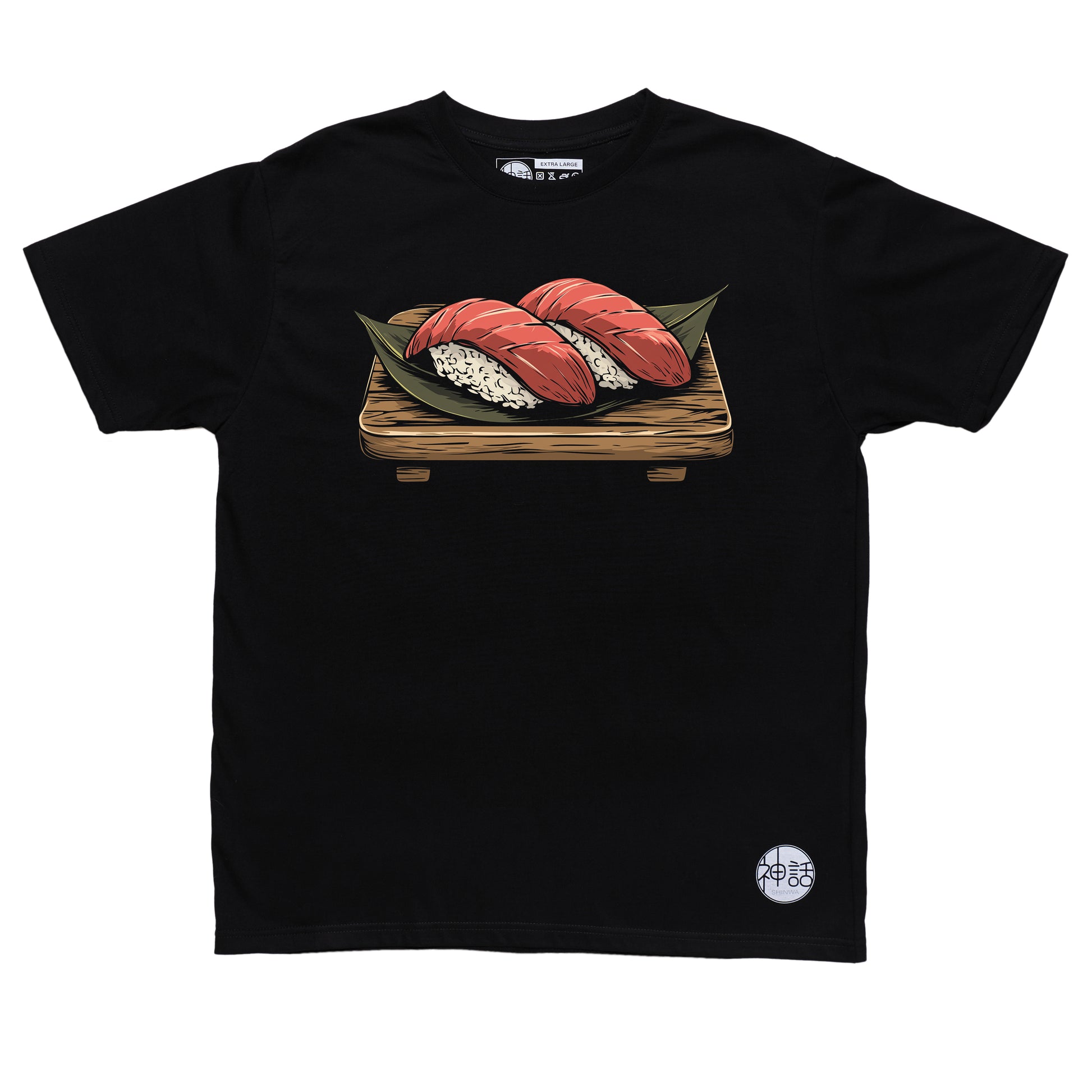 illustrated tuna nigiri sushi with wasabi and chopsticks on black t-shirt by Shinwa, streetwear brand from the Philippines