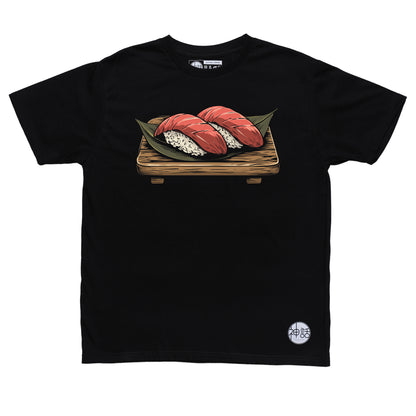 illustrated tuna nigiri sushi with wasabi and chopsticks on black t-shirt by Shinwa, streetwear brand from the Philippines