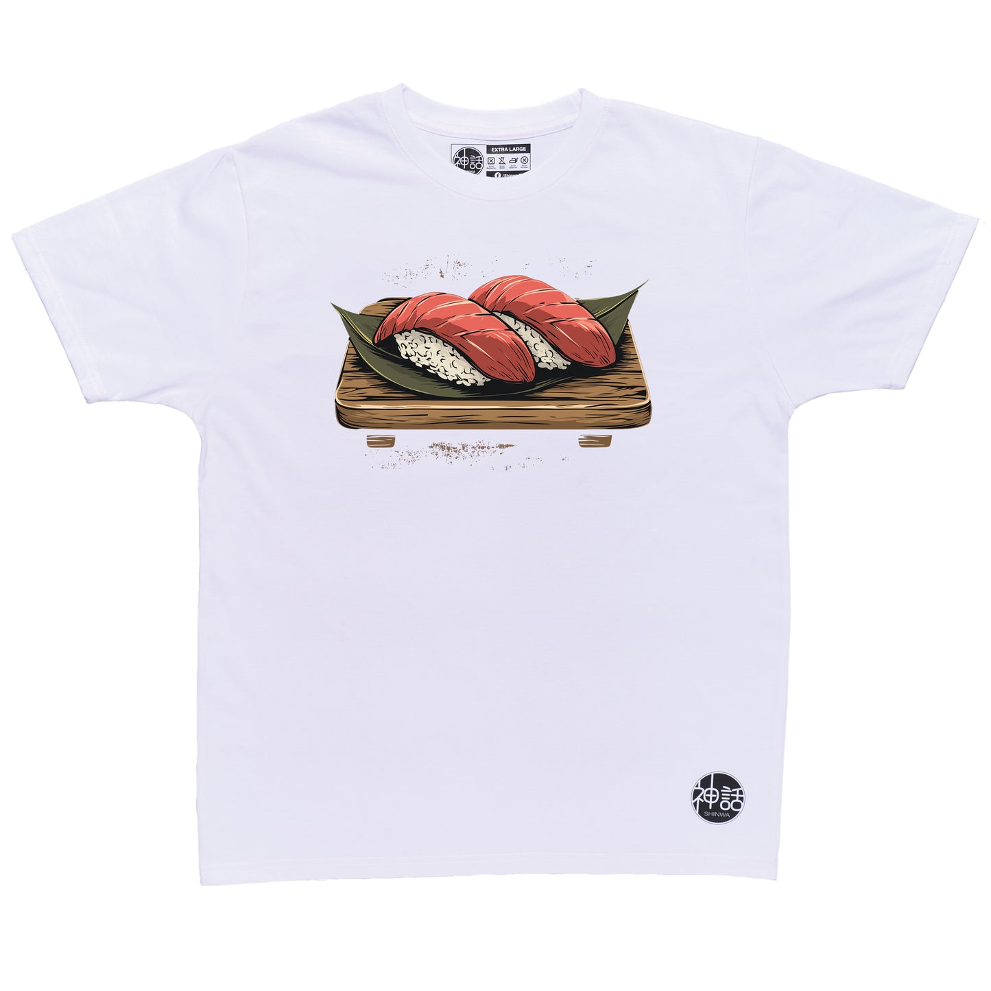 illustrated tuna nigiri sushi with wasabi and chopsticks on white t-shirt by Shinwa, streetwear brand from the Philippines