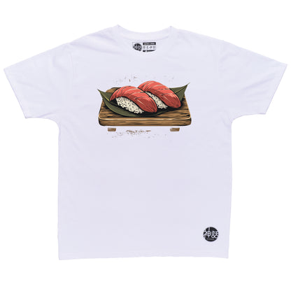 illustrated tuna nigiri sushi with wasabi and chopsticks on white t-shirt by Shinwa, streetwear brand from the Philippines